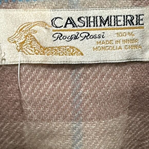 Royal Rossi 100% Cashmere Fringe Scarf Taupe Cream Checker Gingham Plaid Winter - Picture 5 of 6